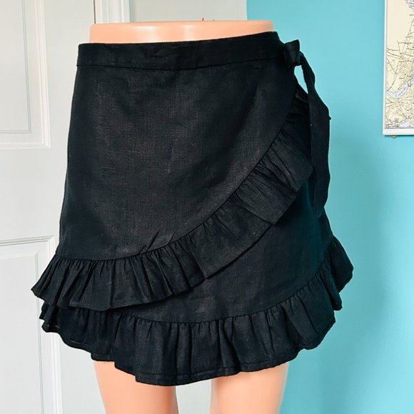 100% linen faux wrap skirt with ruffle trim and waist tie (size 10) - Picture 1 of 8